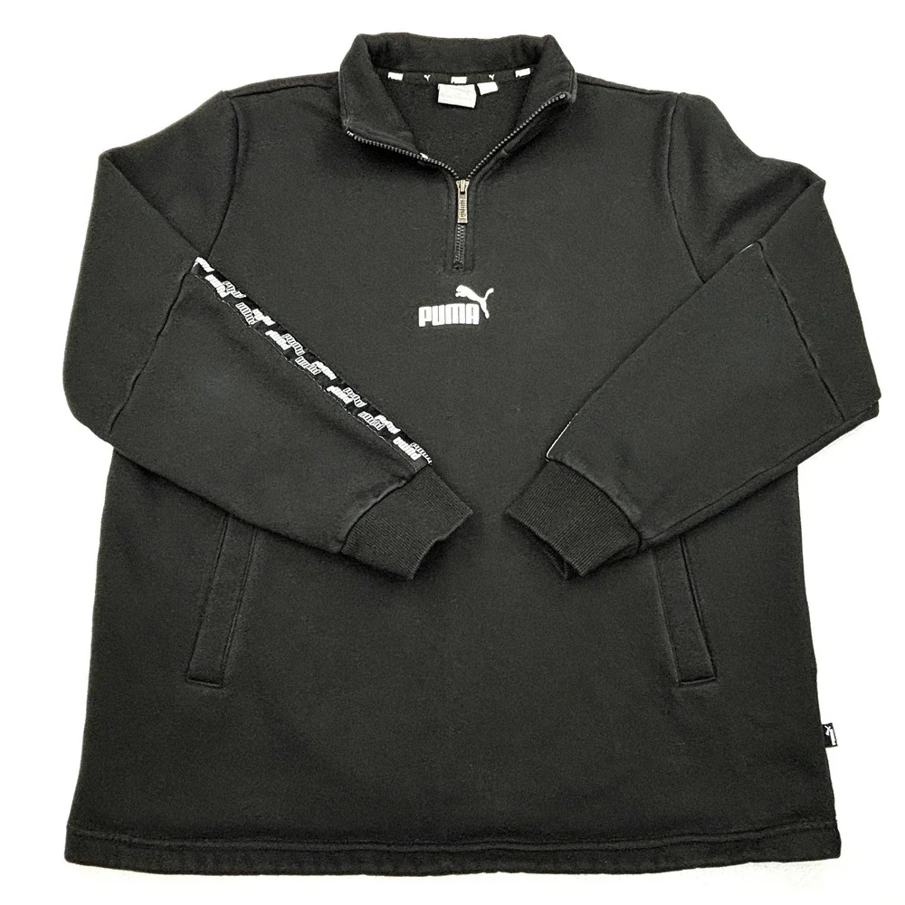 Puma Quarter Zip Fleece Pullover Mens Large Black Sleeve Logo Tape Sweatshirt